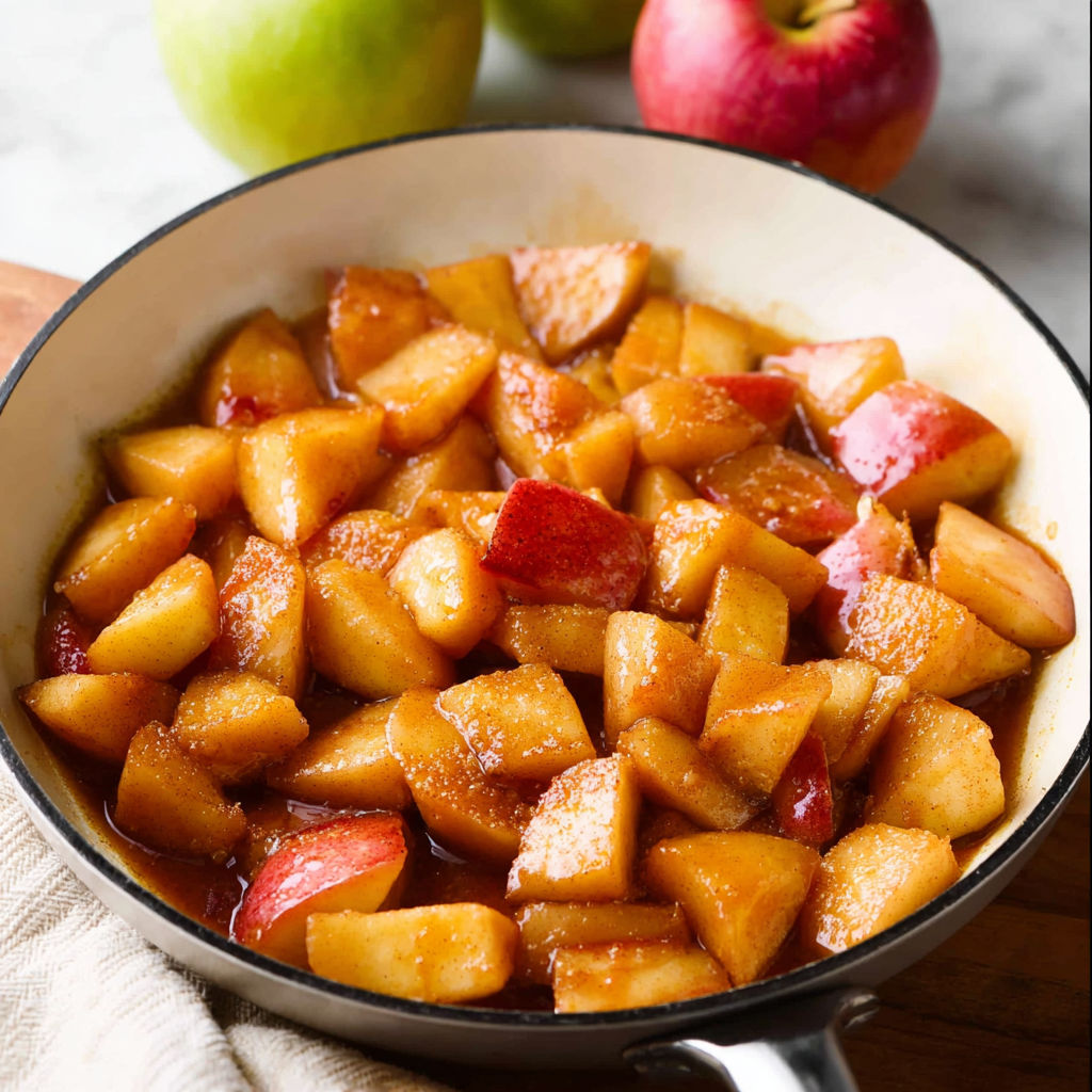 A pan of apples and cinnamon is cooked and ready to be served.