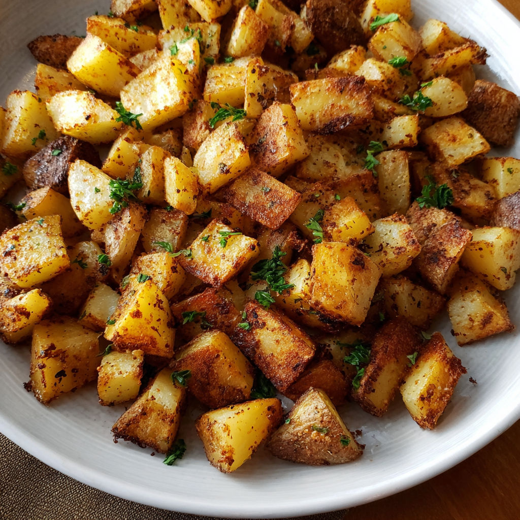 A white bowl filled with delicious looking potatoes, including both sweet and regular potatoes, and some herbs on top.