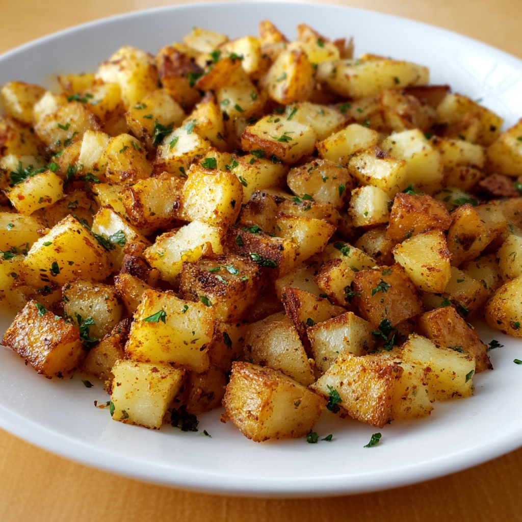 A plate of delicious looking potatoes with herbs on top, ready to be enjoyed as a breakfast dish.