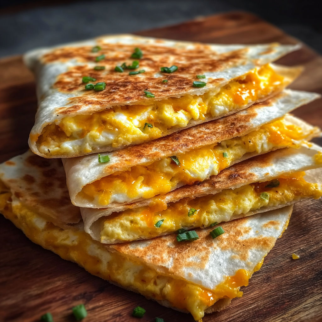 A stack of quesadillas with cheese and vegetables on a wooden cutting board.