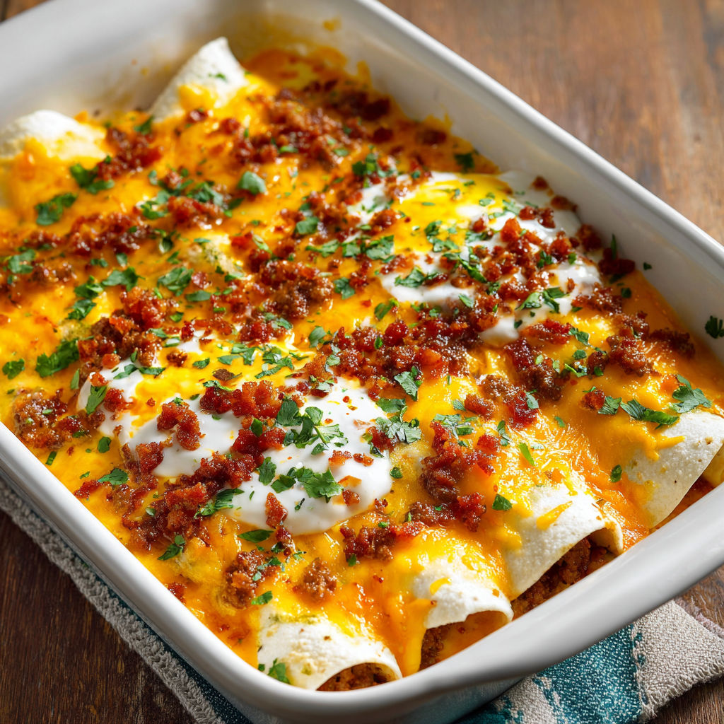 A white bowl filled with a delicious Mexican dish, likely a chicken enchilada casserole, sits on a wooden table.