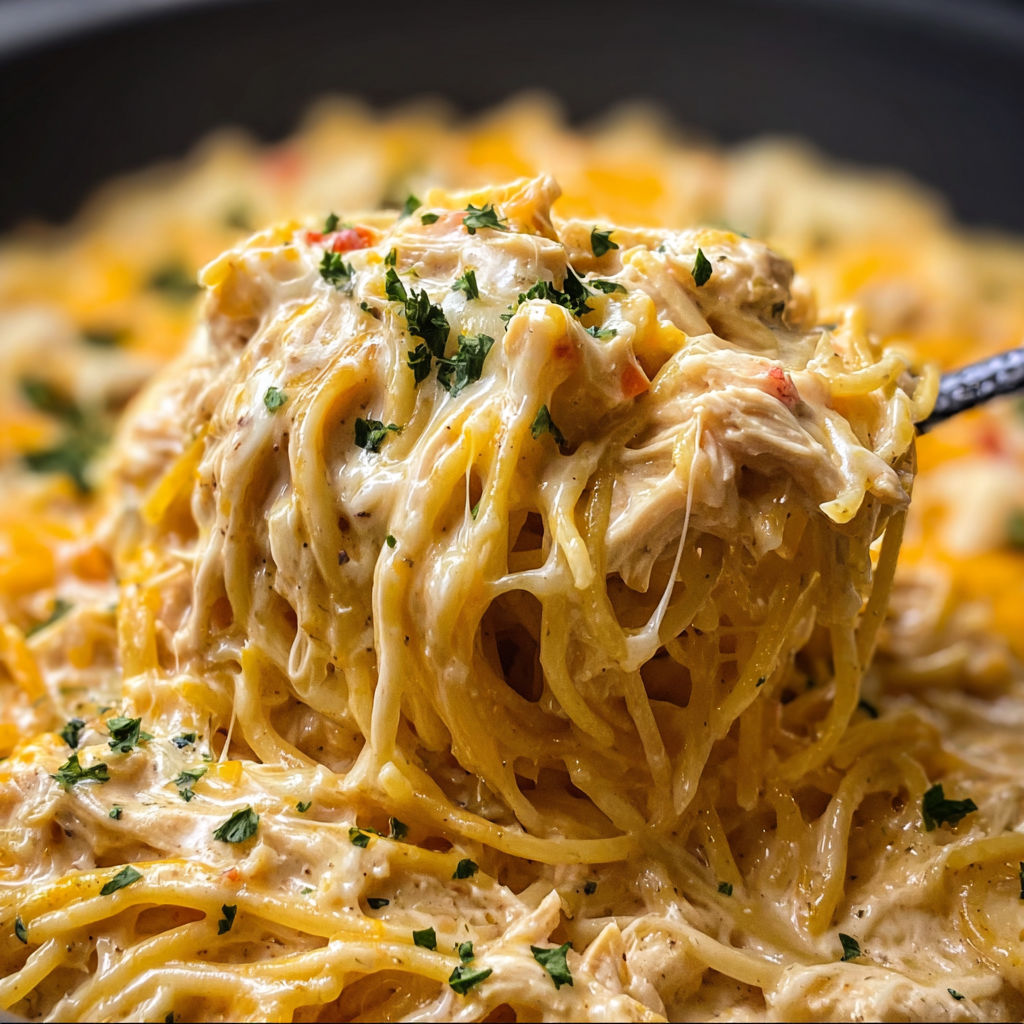 A close up of a delicious Creamy Crockpot Chicken Spaghetti dish.