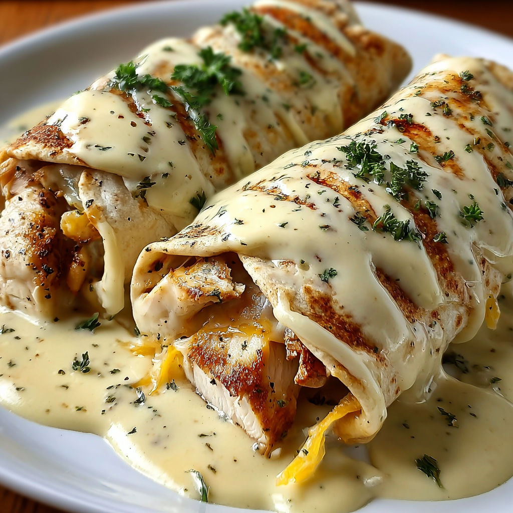 A delicious meal of chicken wrapped in tortillas and covered in a rich, creamy cheese sauce.