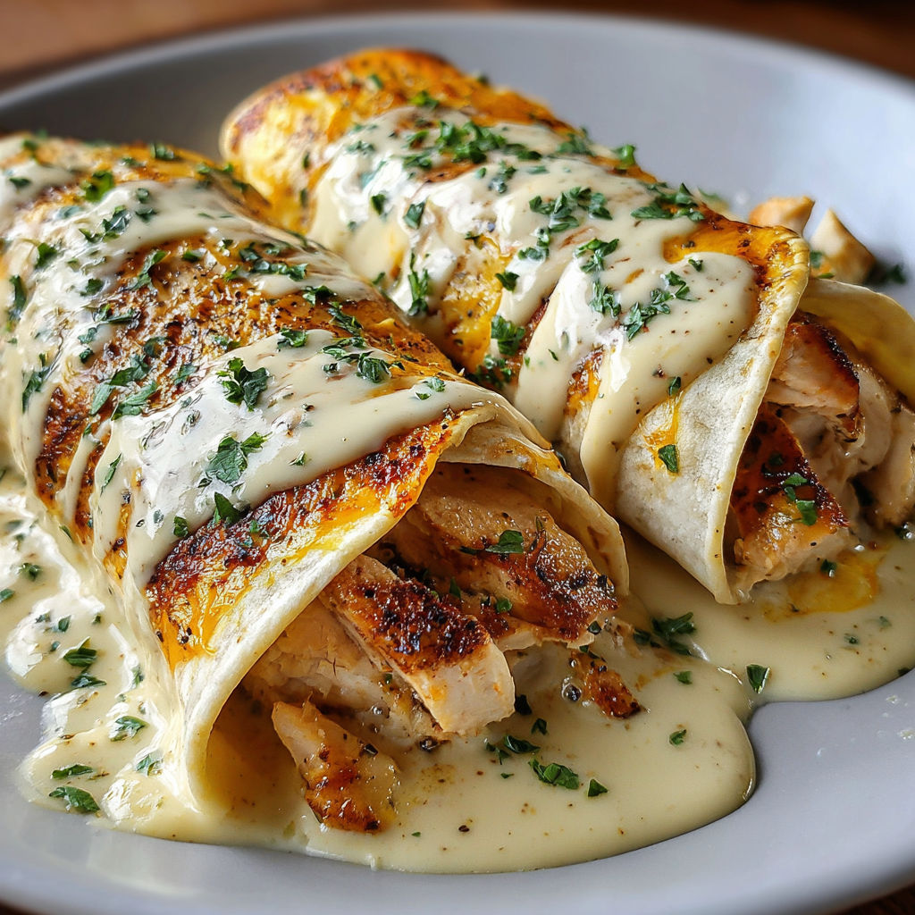 A delicious meal of chicken wrapped in tortillas and covered in a rich, creamy cheese sauce.