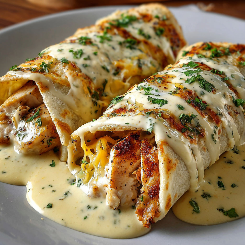 A delicious chicken wrap with a rich cheese sauce.