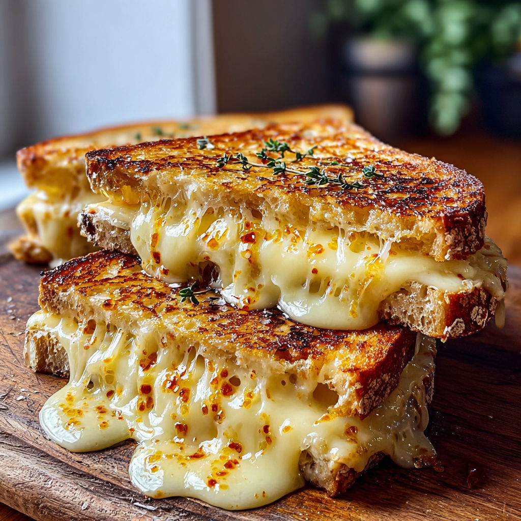 A close up of a delicious cheese toastie with melted cheese and a hint of herbs.