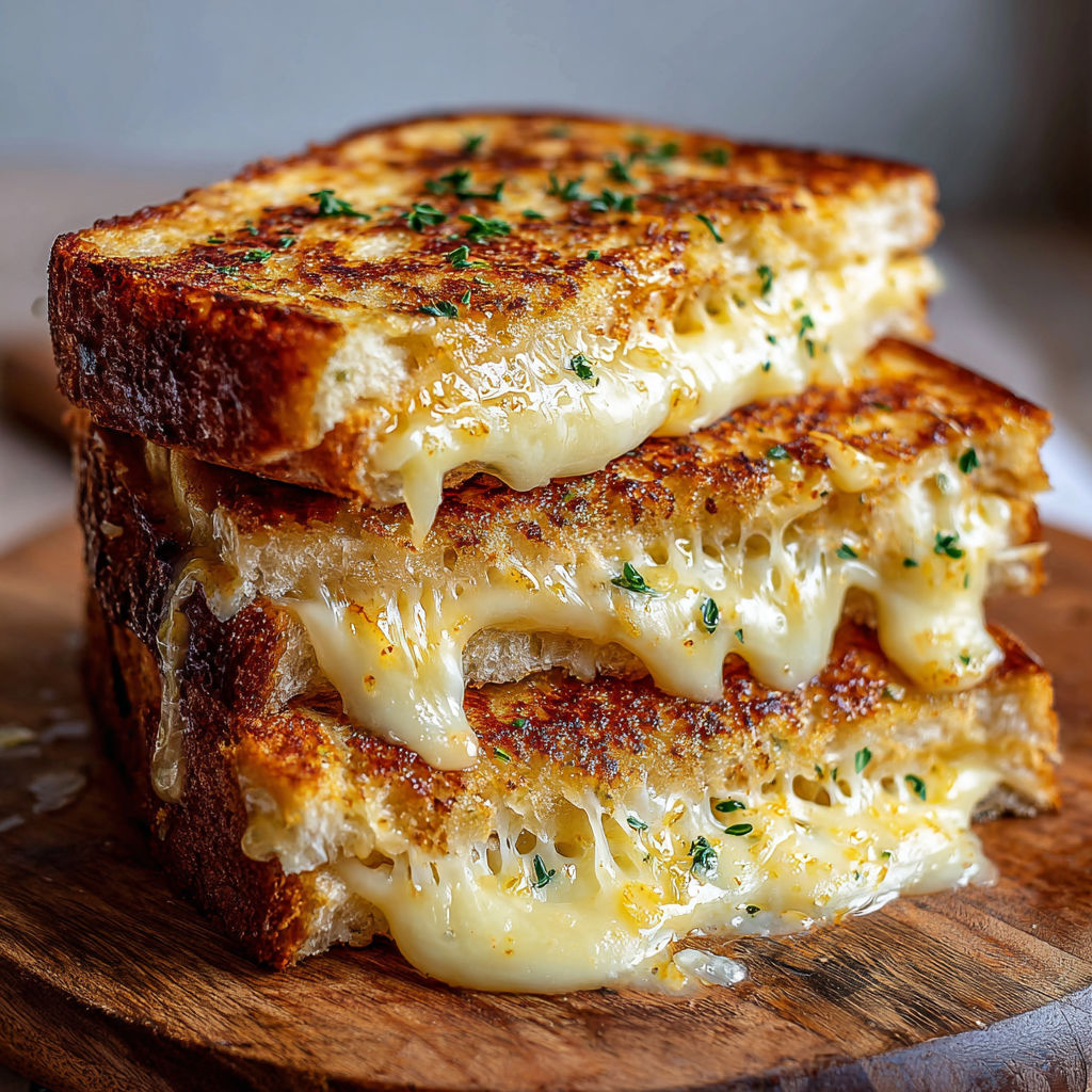 A stack of grilled cheese sandwiches on a wooden cutting board.