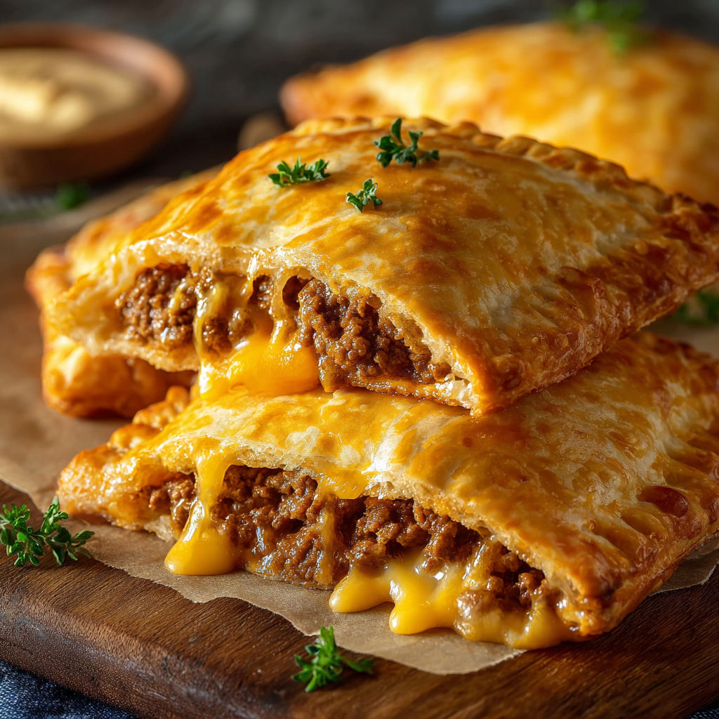 Two cheeseburger hot pockets on a wooden cutting board.