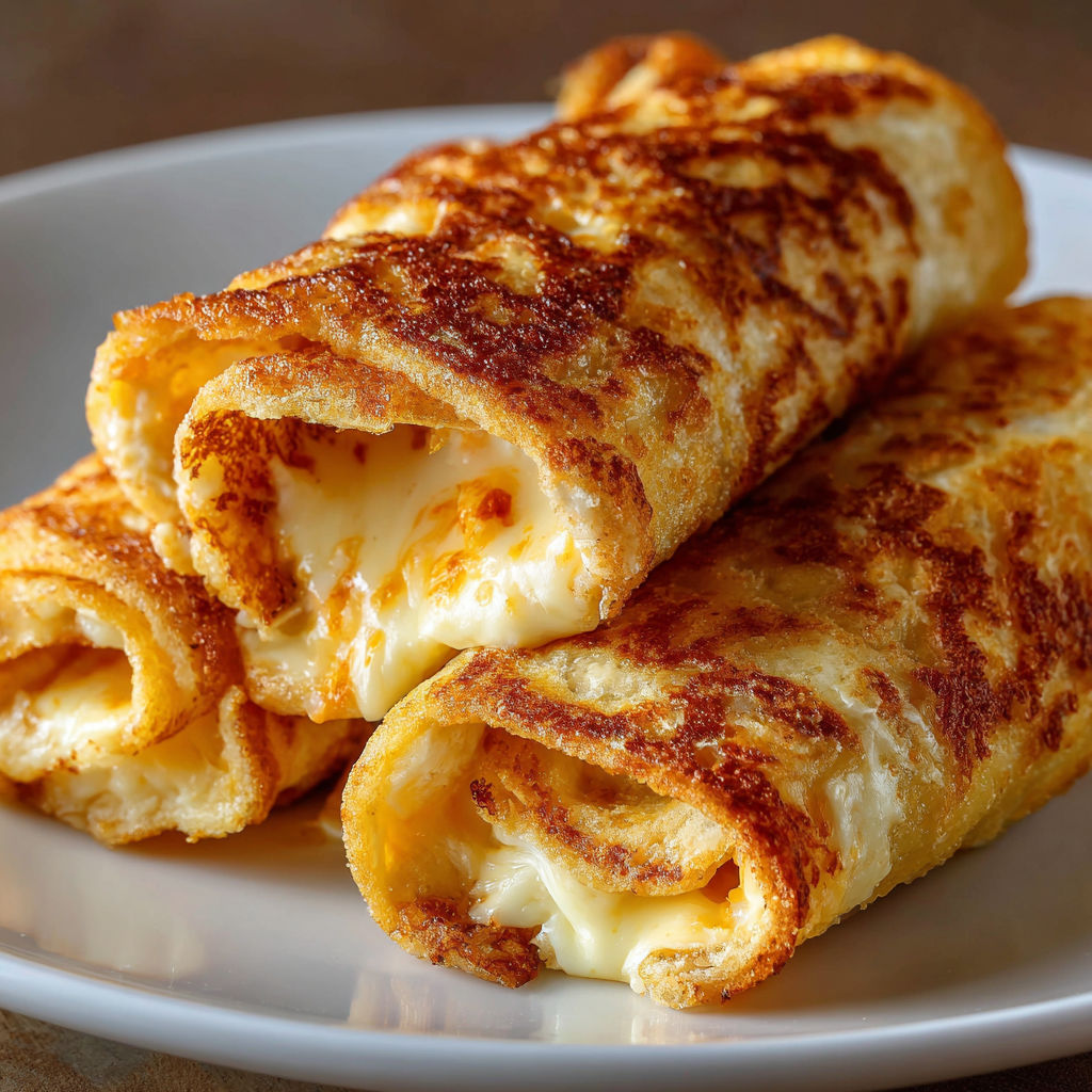 A plate with two pieces of cheese-filled crepes.