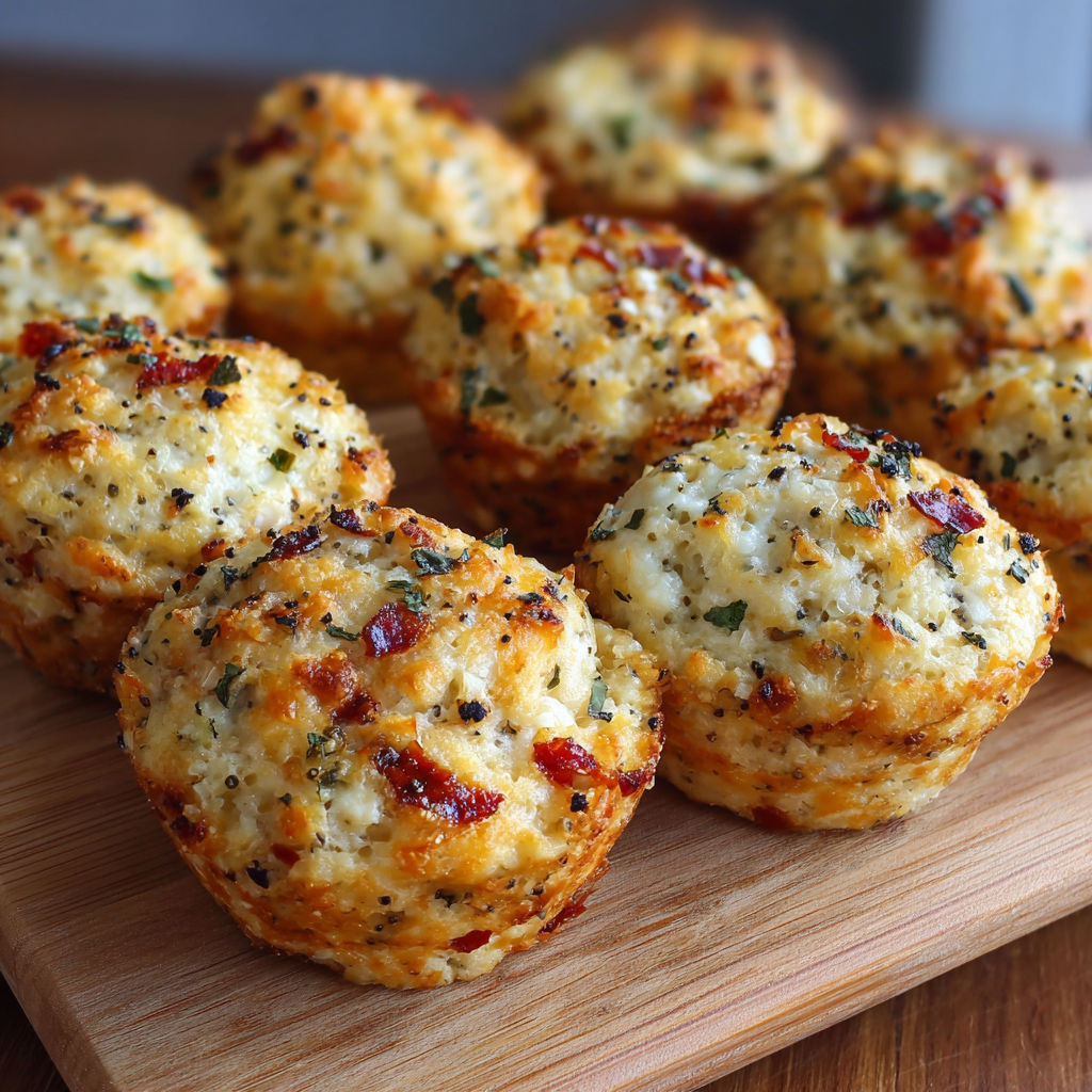 A wooden cutting board holds a dozen miniature biscuits, each with a sprinkle of cheese and herbs.