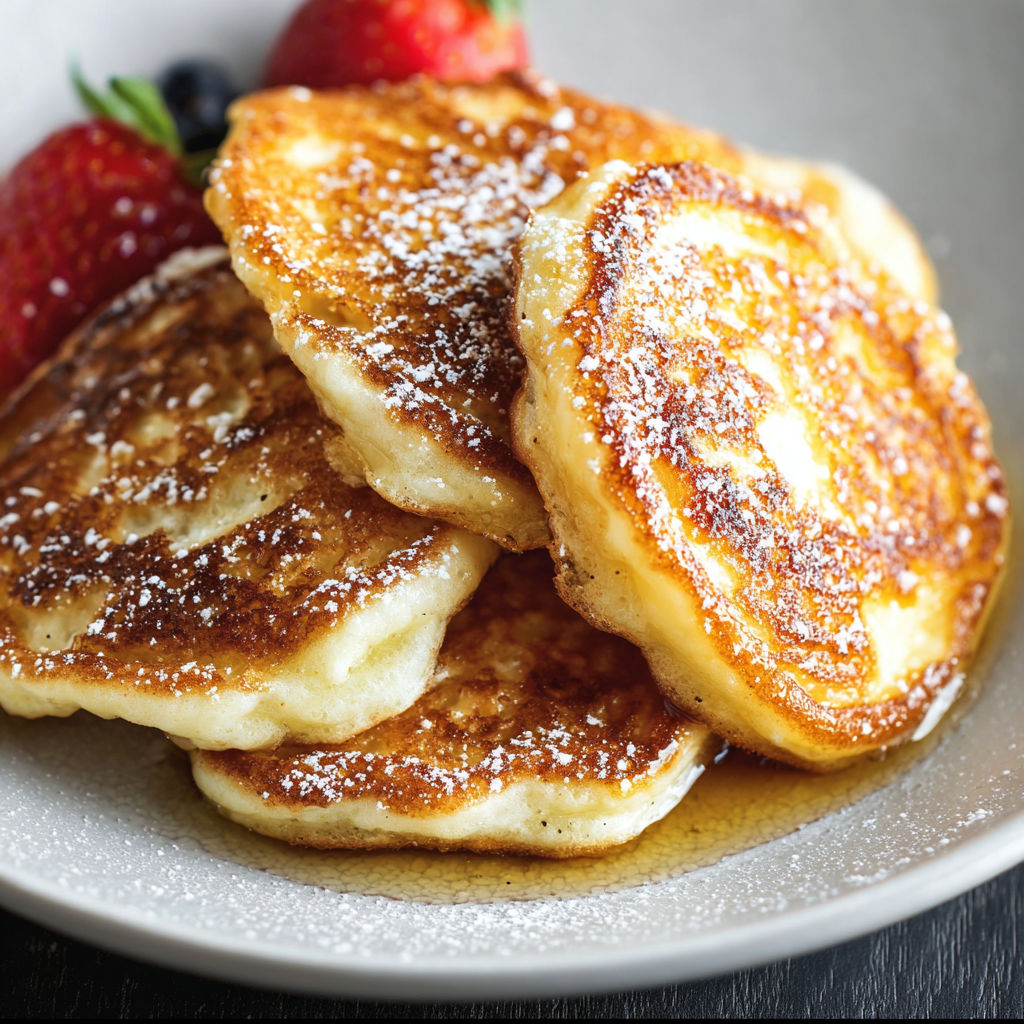 A stack of cottage cheese pancakes with powdered sugar on top.