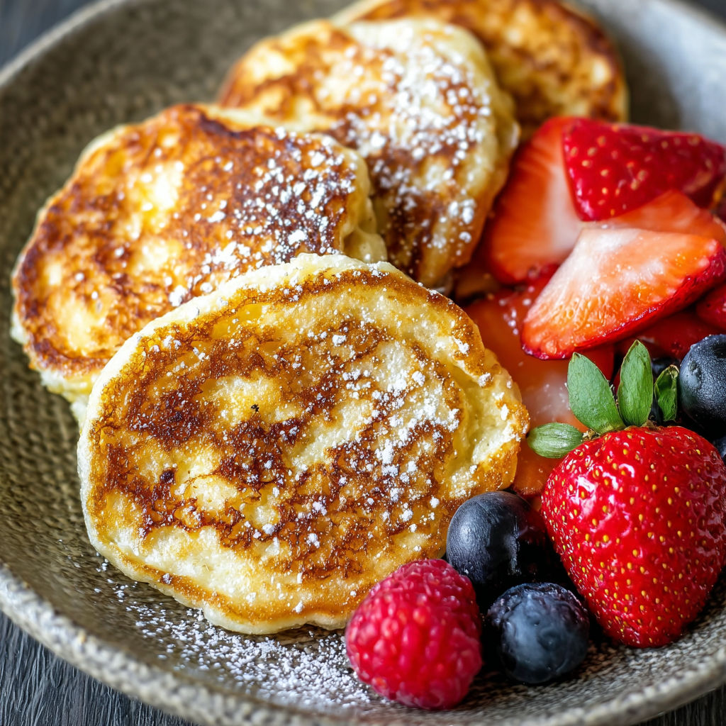 A plate of pancakes with strawberries and blueberries on top.