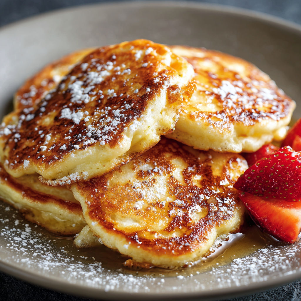 A plate of pancakes with powdered sugar and a strawberry on top.