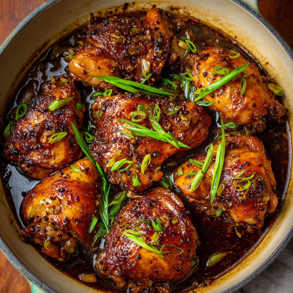 A bowl of chicken with a spicy sauce, possibly a jerk chicken recipe, is served on a table.