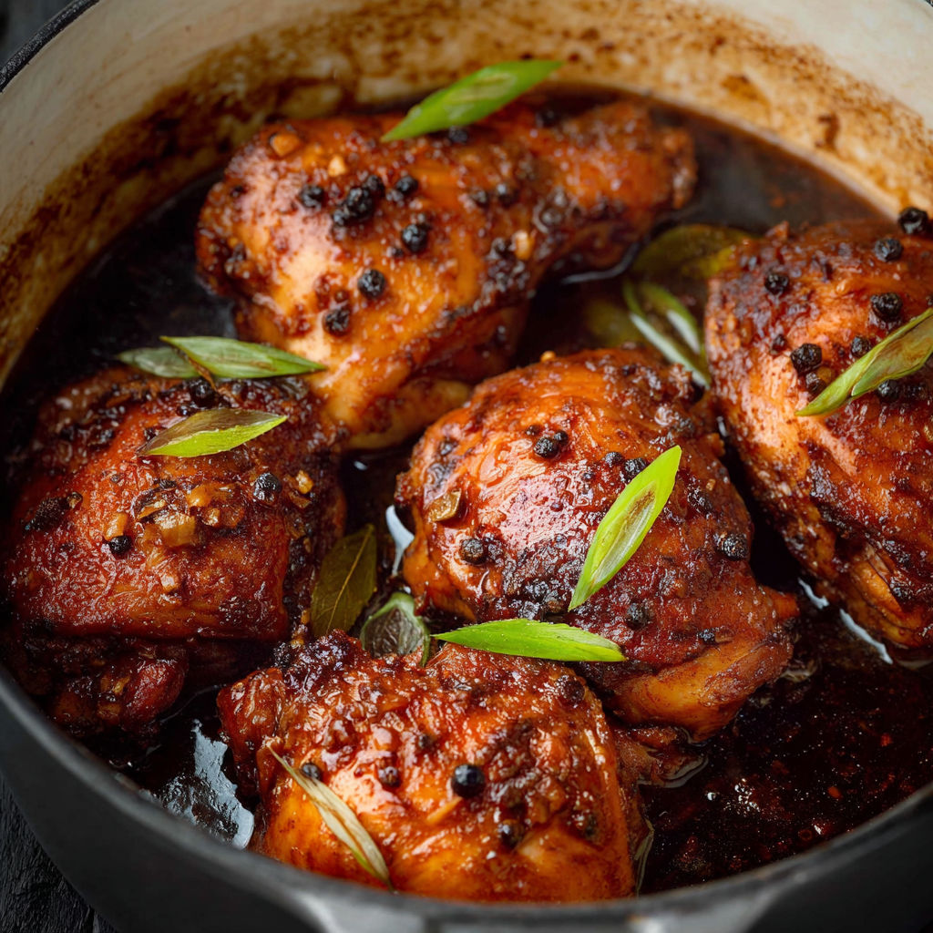 A pot of chicken with a green herb on top.