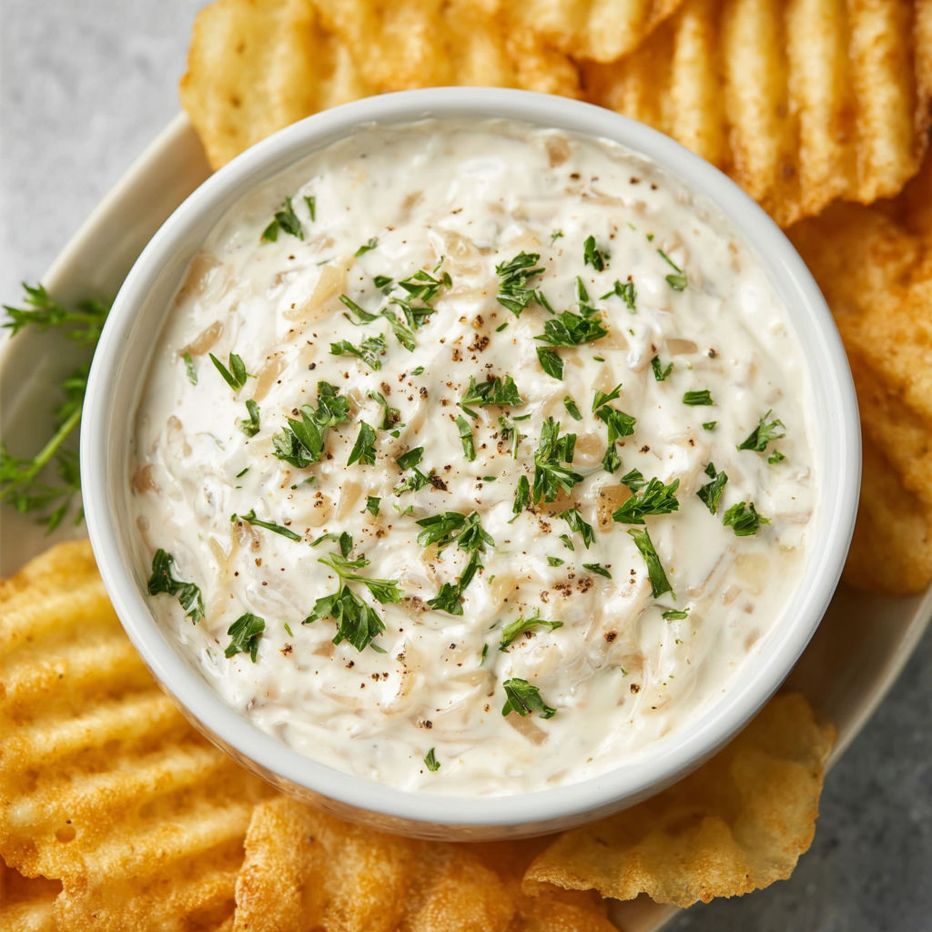 A bowl of dip with a spoon inside, accompanied by a plate of fries.