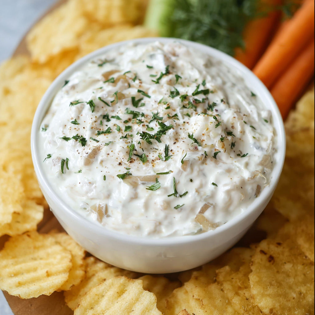 A bowl of dip with chips and vegetables on a table.