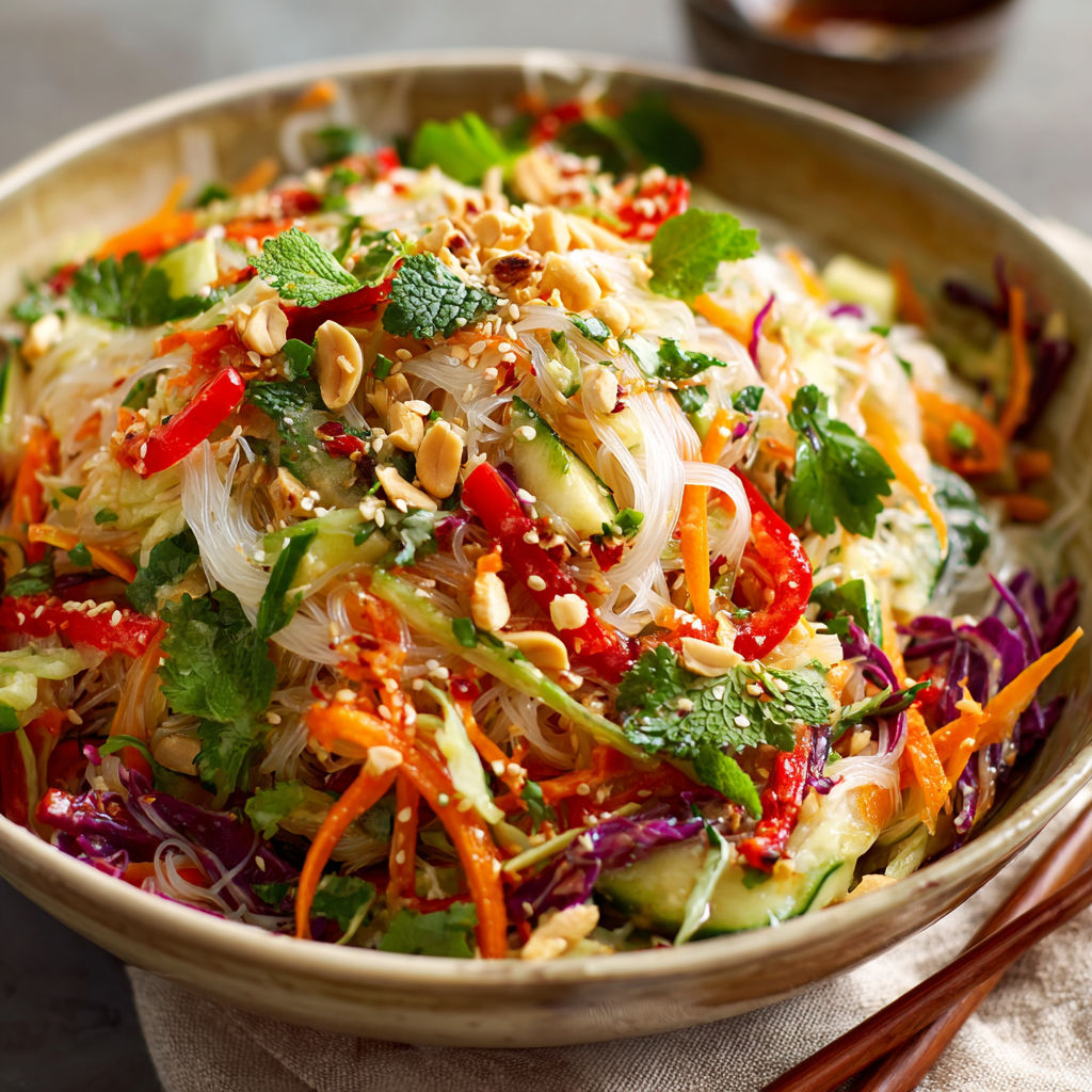 A bowl of Spicy Ginger Spring Salad is displayed on a table.