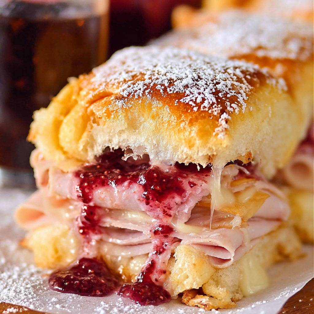 A delicious Monte Cristo sandwich is cut in half and served with jelly and powdered sugar on the side.