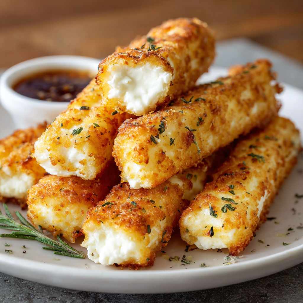 A plate of cottage cheese cheese sticks with a dipping sauce.