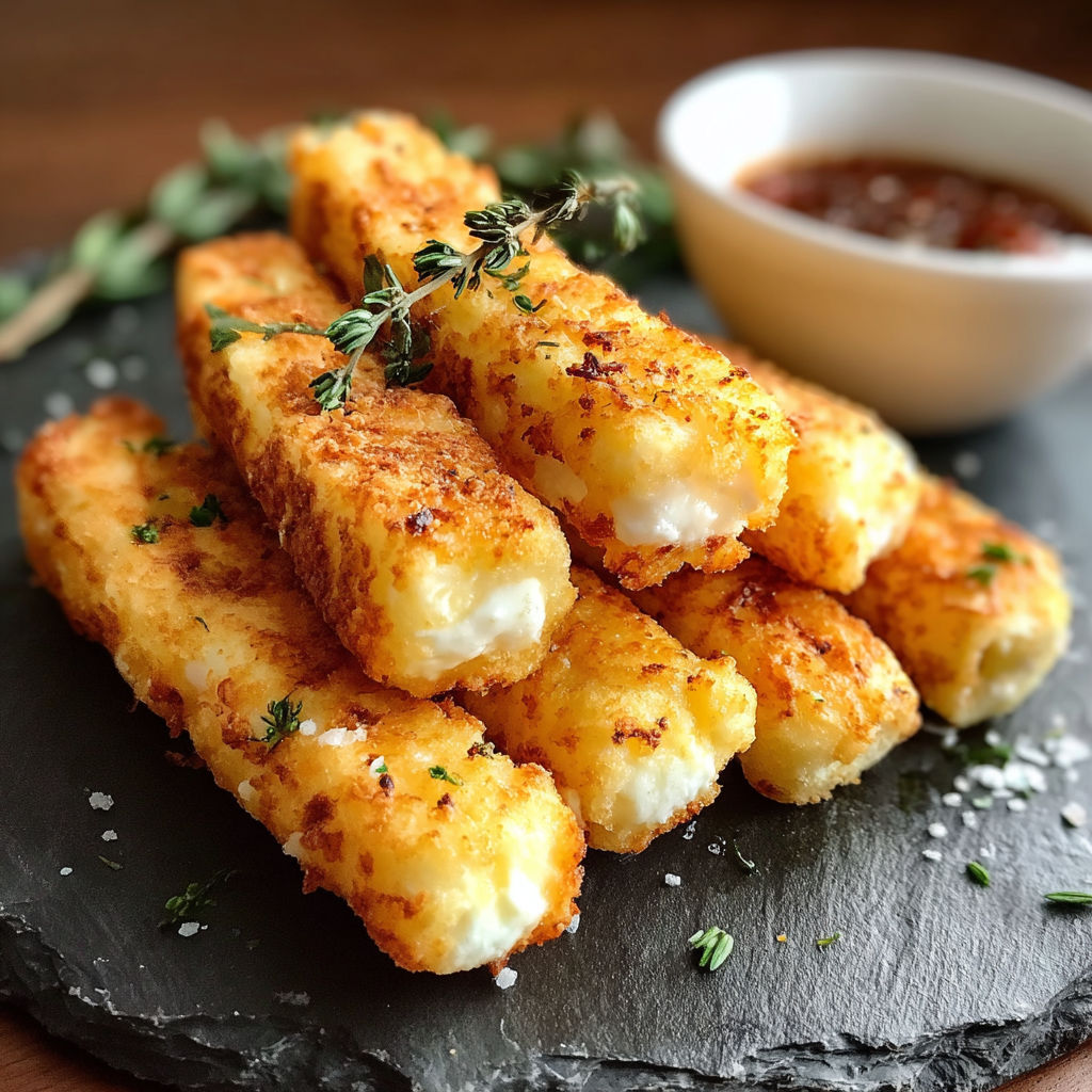A stack of grilled cheese sticks with herbs on top, served with a bowl of dipping sauce.