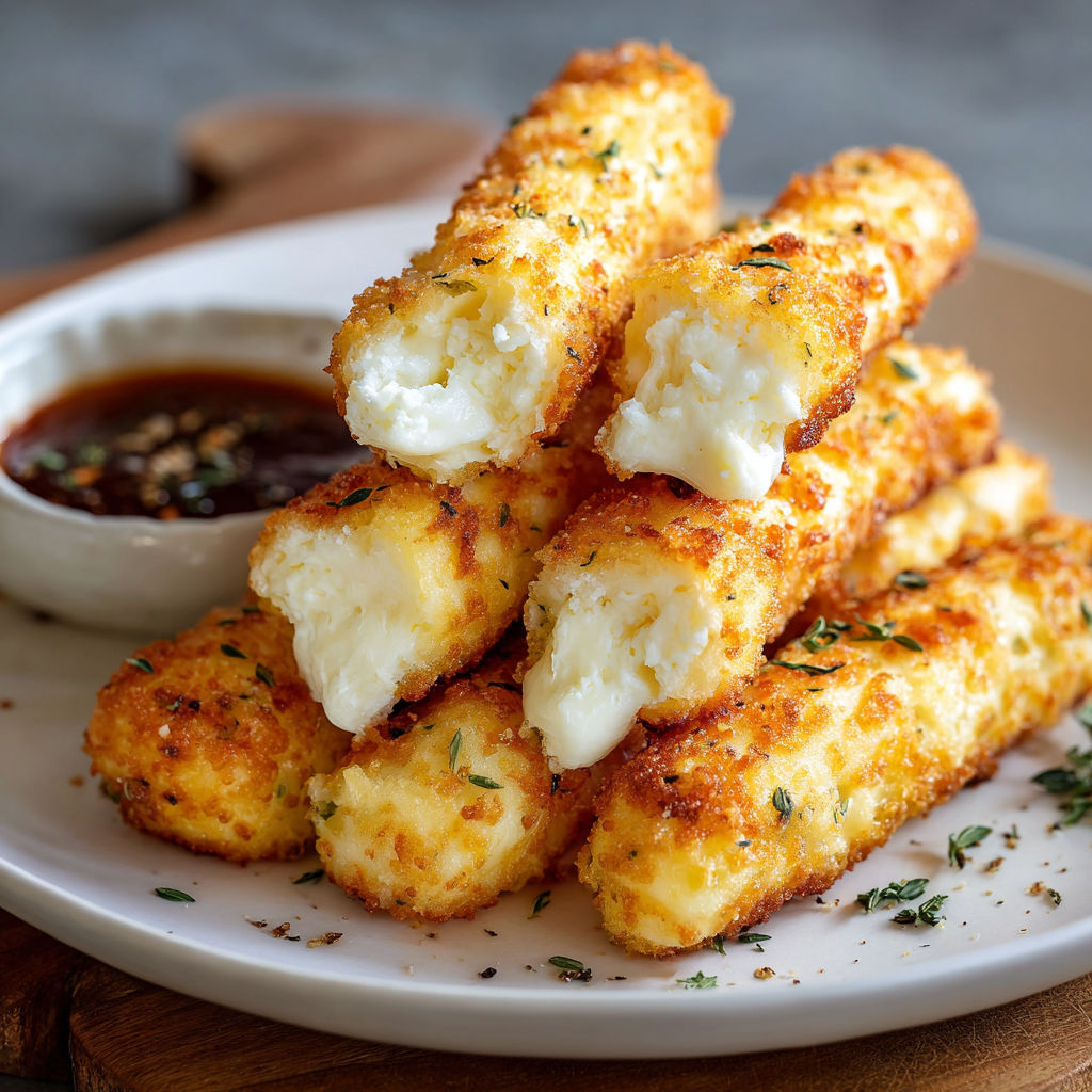 A plate of cheese sticks with a dipping sauce.