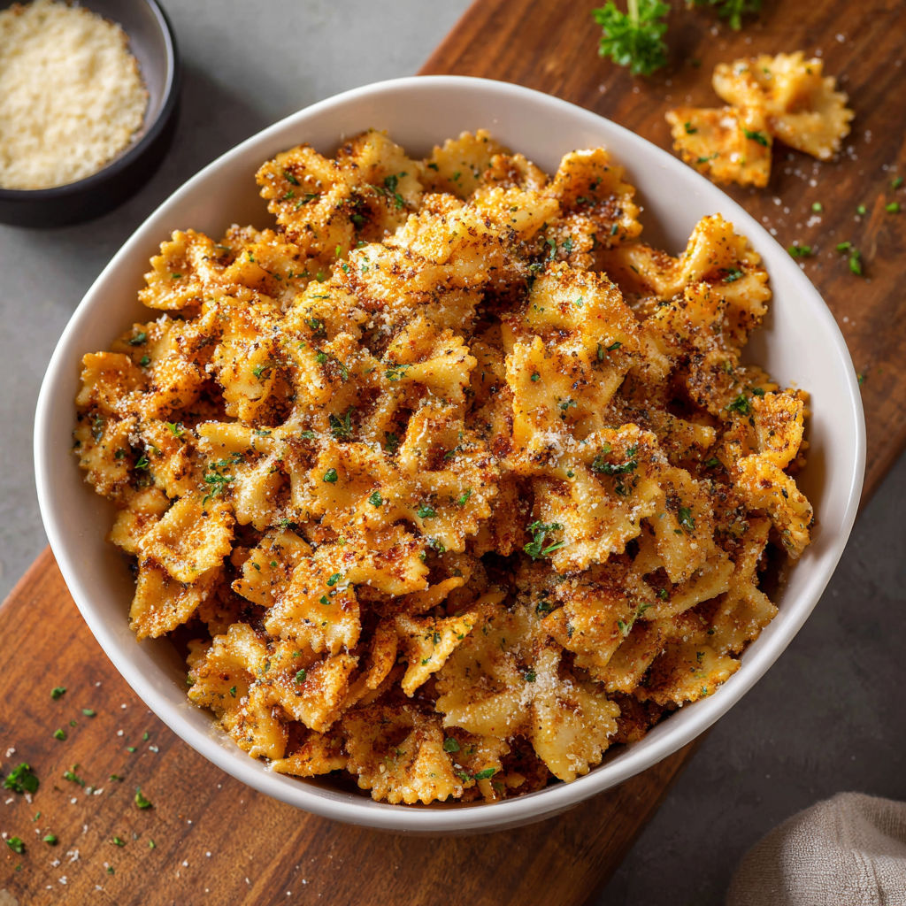 A bowl of pasta with cheese and herbs, ready to be served.