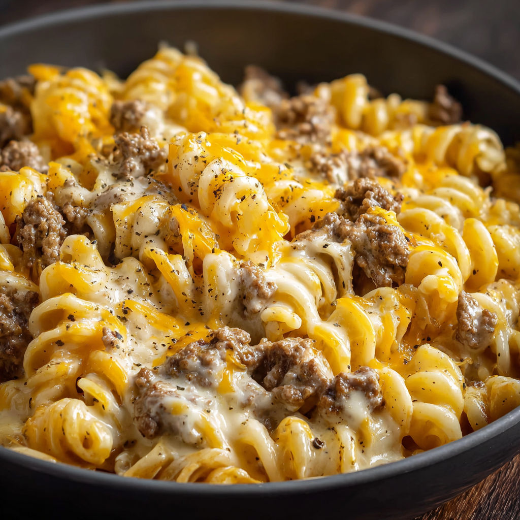 A bowl of pasta with meat and cheese, likely a one-pot beef and cheddar ranch pasta dish.