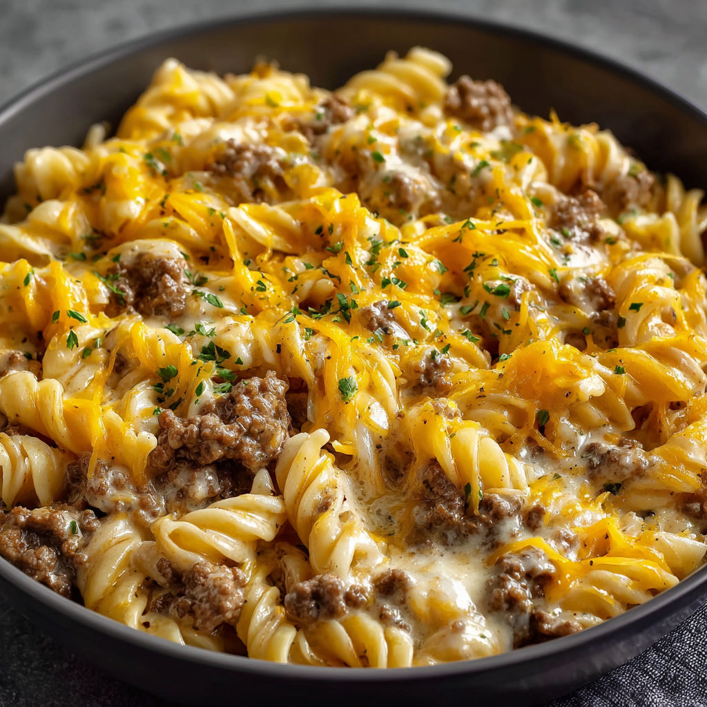 A delicious one-pot beef and cheddar ranch pasta dish, ready to be enjoyed.