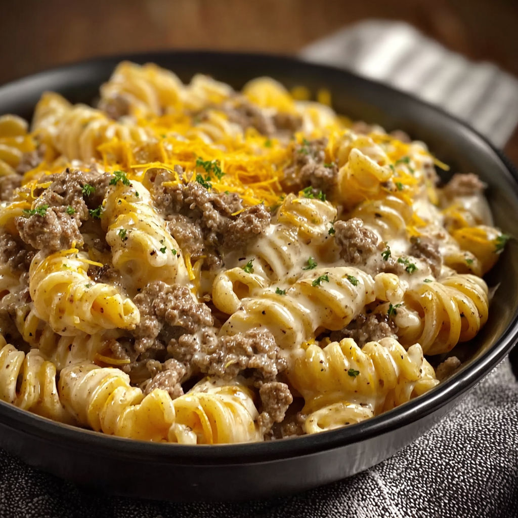 A delicious one-pot beef and cheddar ranch pasta dish, ready to be enjoyed.
