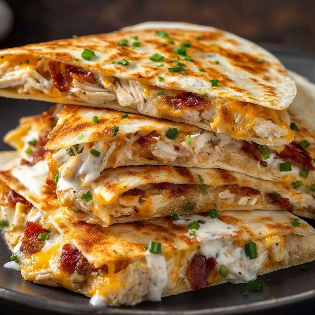 A stack of quesadillas with cheese and bacon on a plate.