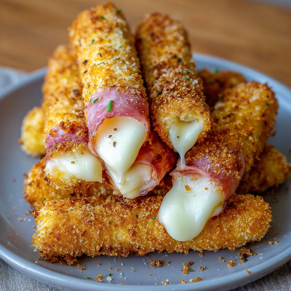 A plate of breaded meat sticks with cheese and bacon, ready to be cooked.
