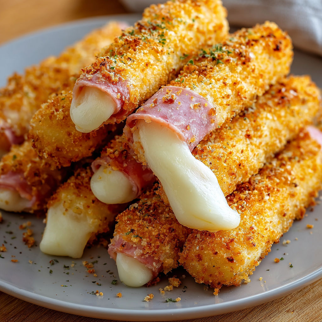 A plate of breaded meat sticks with cheese and bacon.