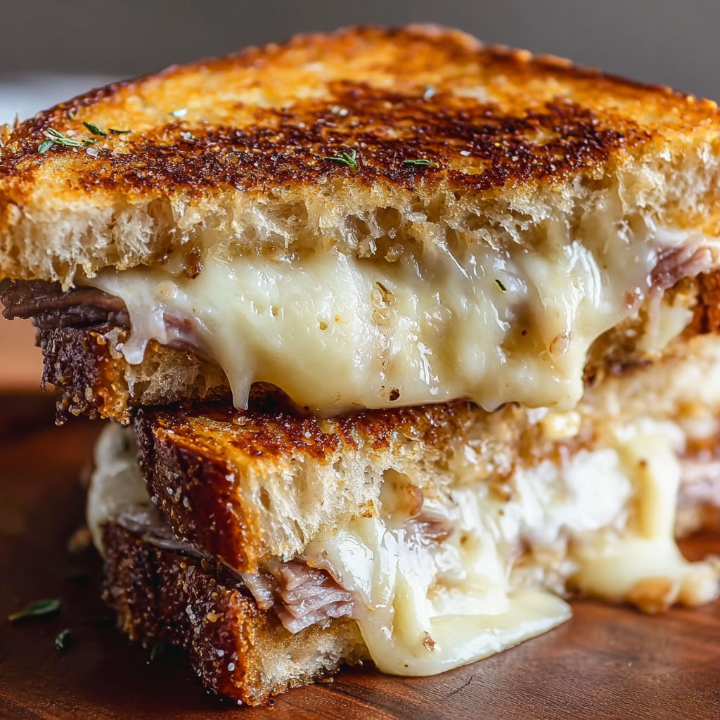 A close up of a French Dip Grilled Cheese sandwich on a wooden table.