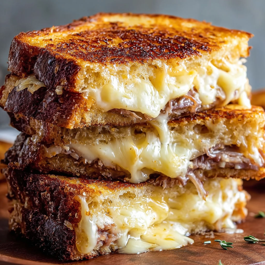 A delicious French Dip Grilled Cheese sandwich is stacked on a wooden cutting board.