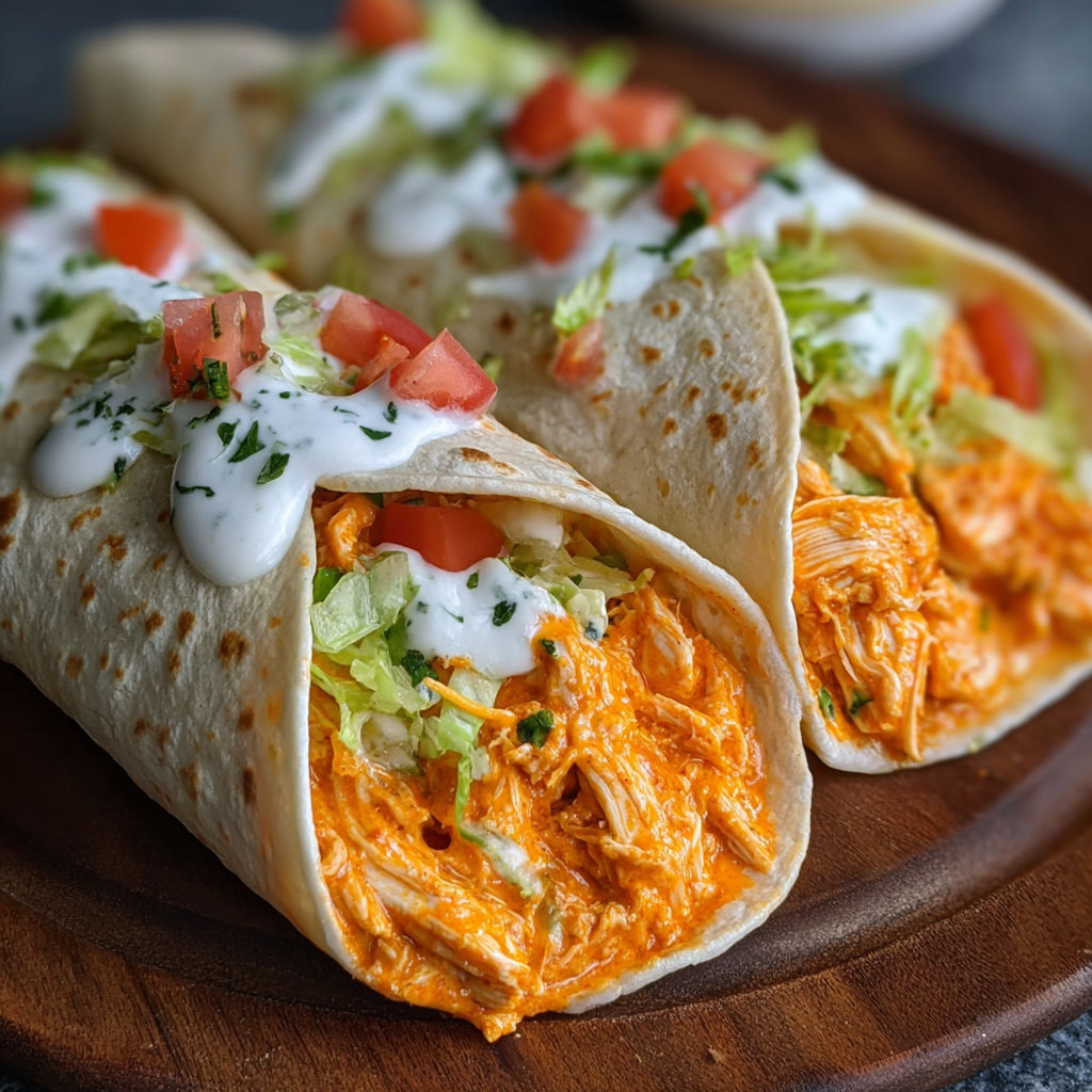 Two delicious High Protein Cheesy Buffalo Chicken wraps, filled with chicken and cheese, are served on a wooden platter.
