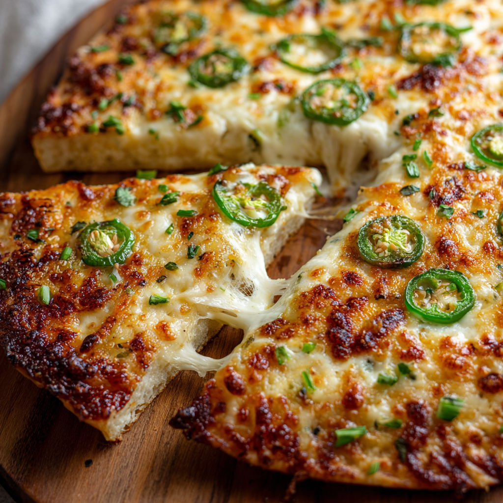 A slice of Jalapeño Popper Pizza with melted cheese and jalapenos.
