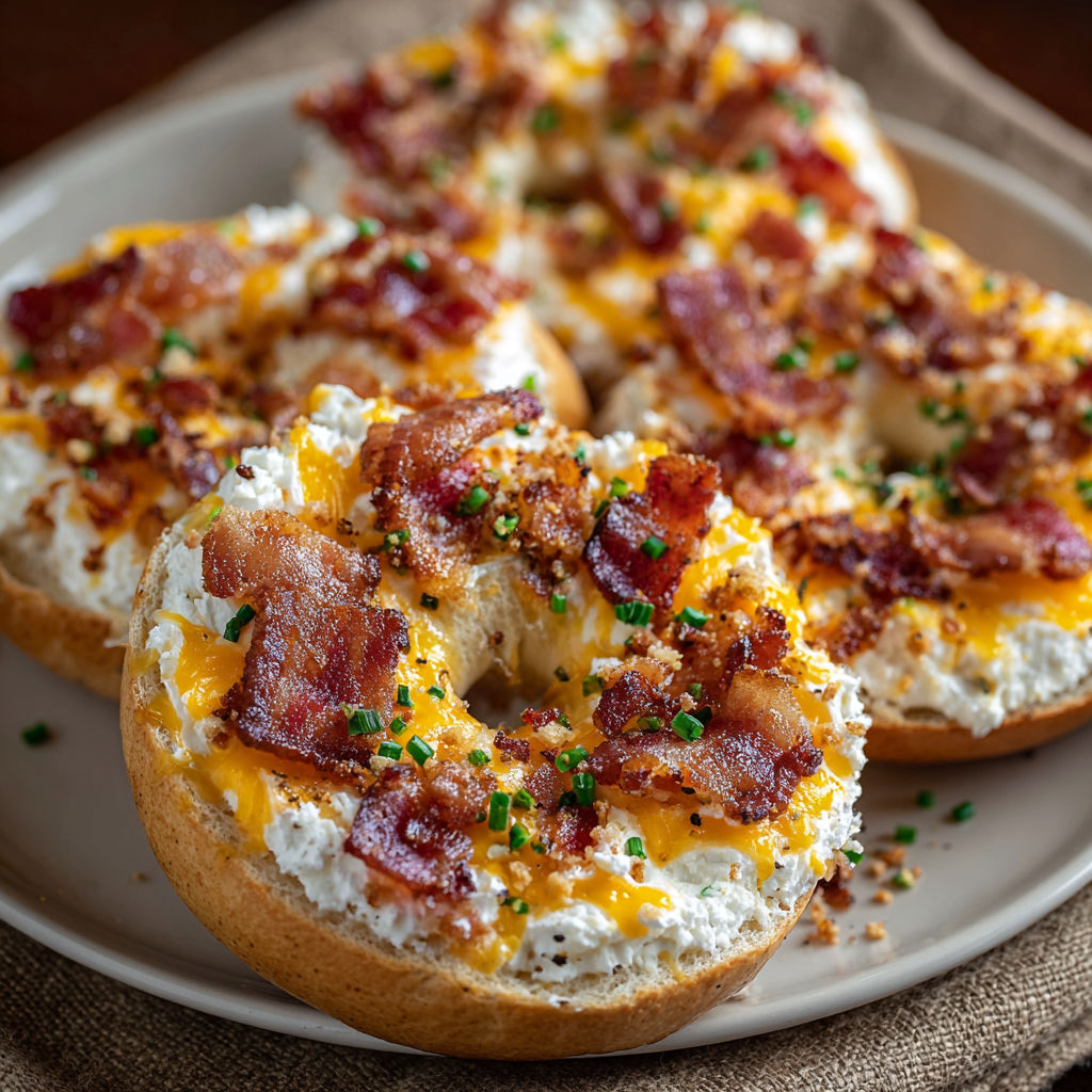 A plate of bagels with cheese and bacon toppings.