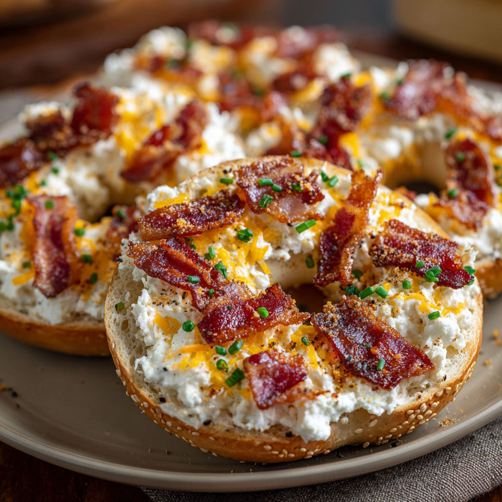 A plate of bacon and cheese bagels with a side of cream cheese.