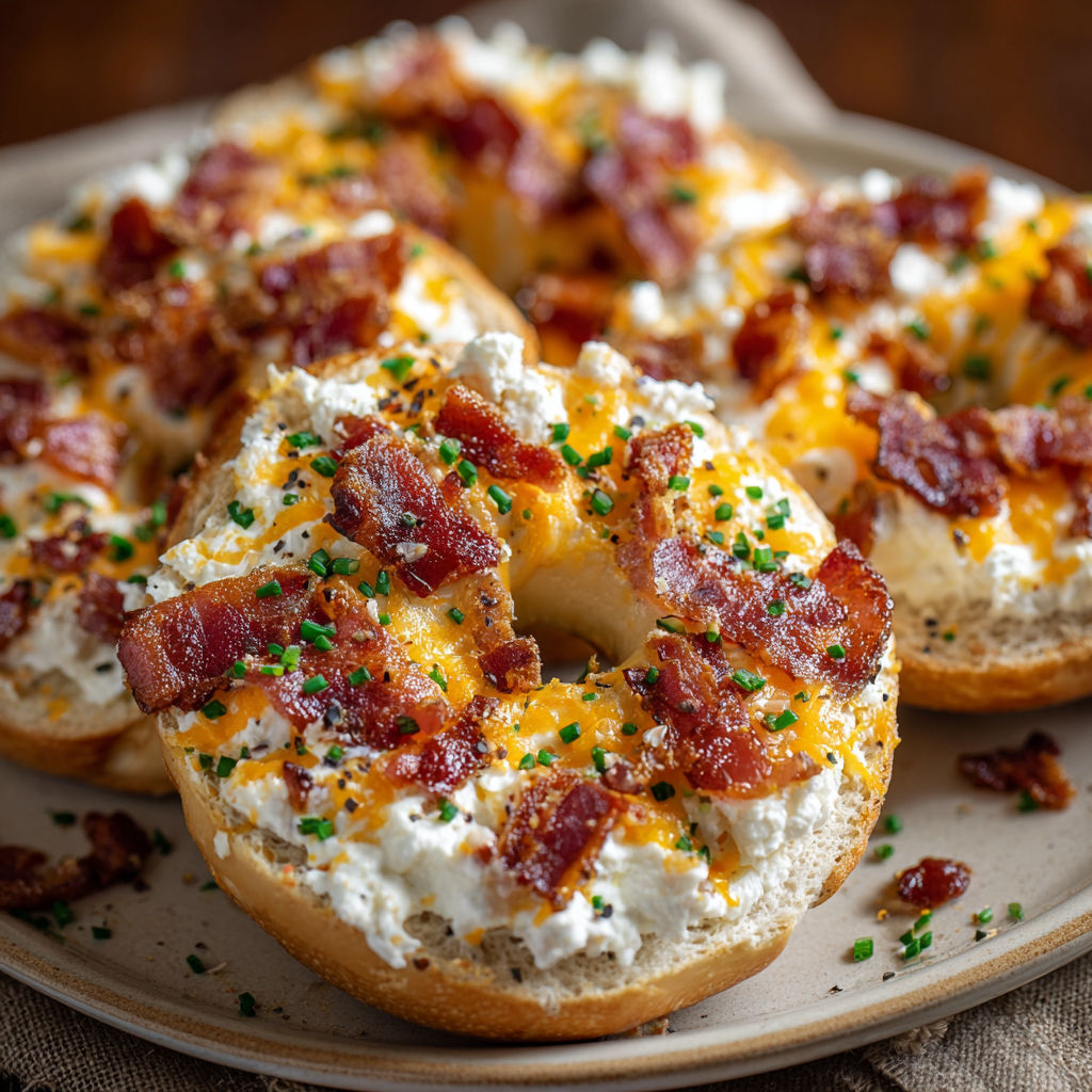 A plate of bacon and cheese bagels with a white plate underneath.