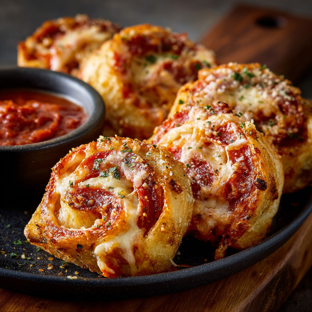 A plate of cheesy pepperoni pizza roll-ups with a dipping sauce.