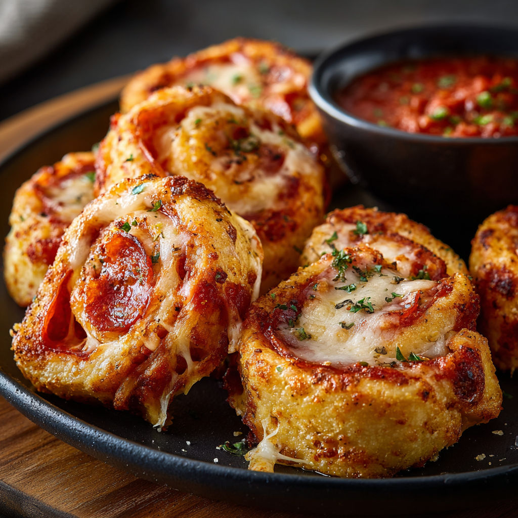 A plate of cheesy pepperoni pizza roll-ups, ready to be enjoyed.