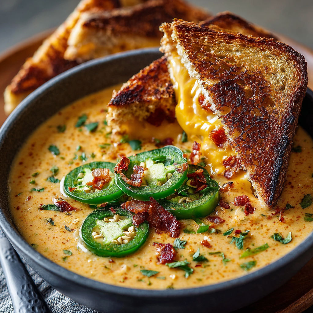 A bowl of soup with a slice of bacon and jalapeno peppers.