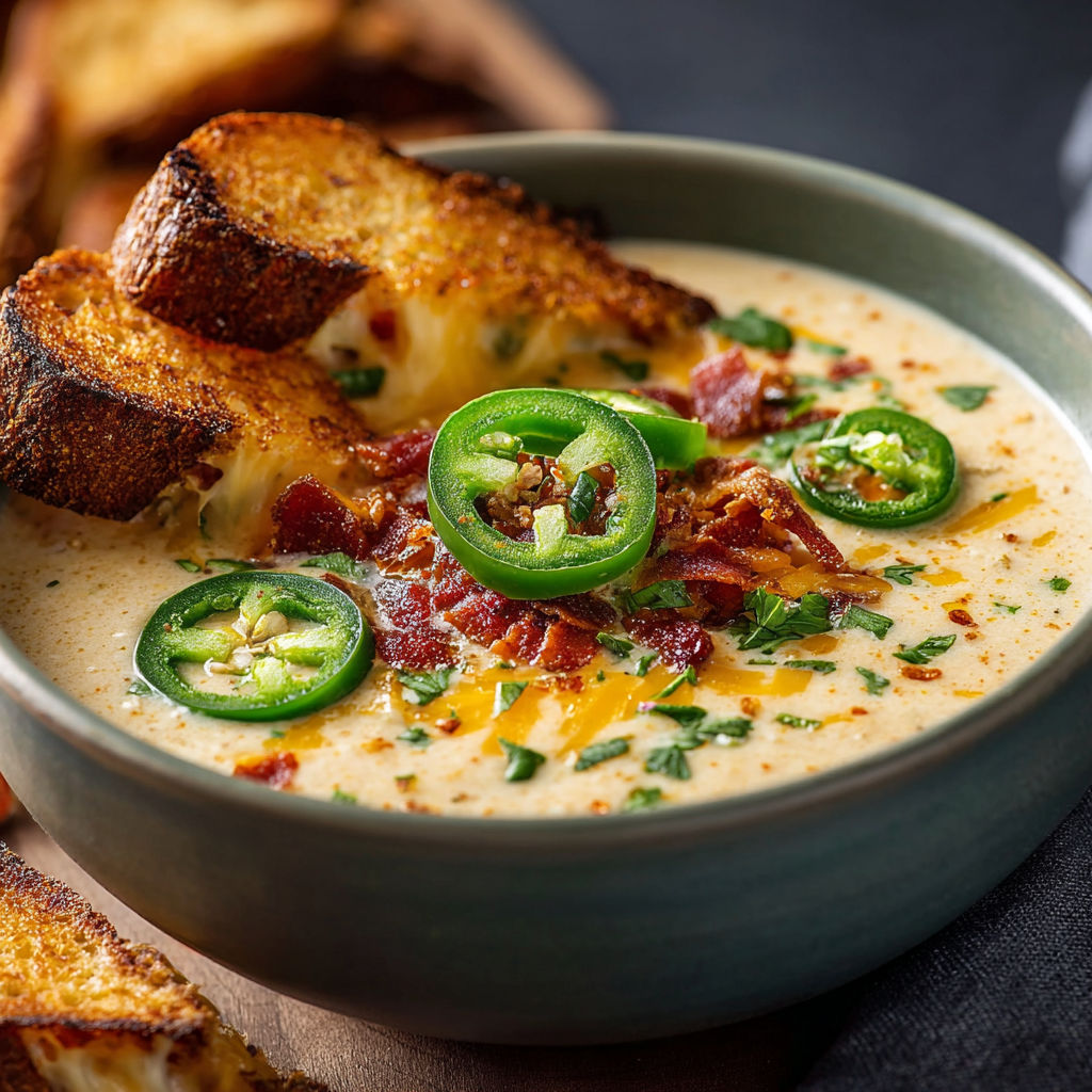 A bowl of soup with bacon, jalapenos, and cheese, accompanied by a slice of toast.