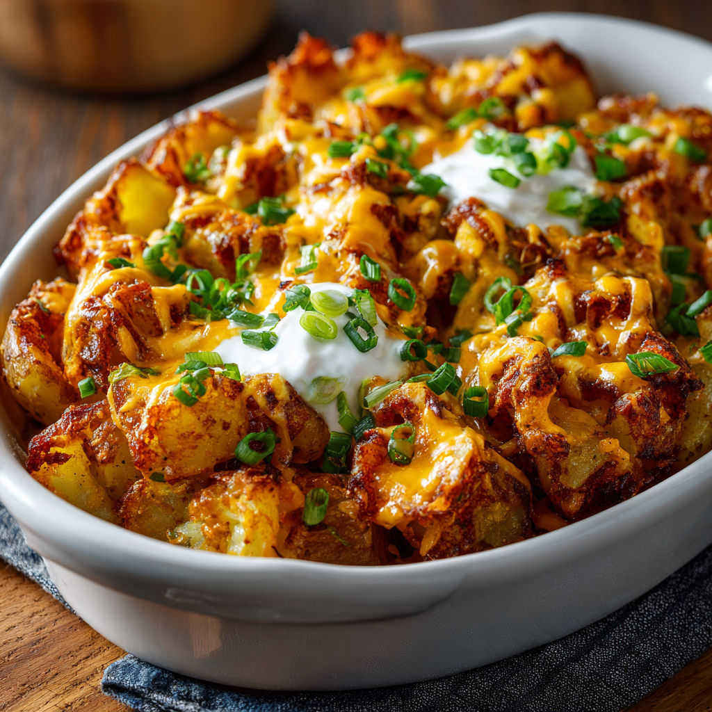 A delicious cheesy taco potato dish served in a white bowl.