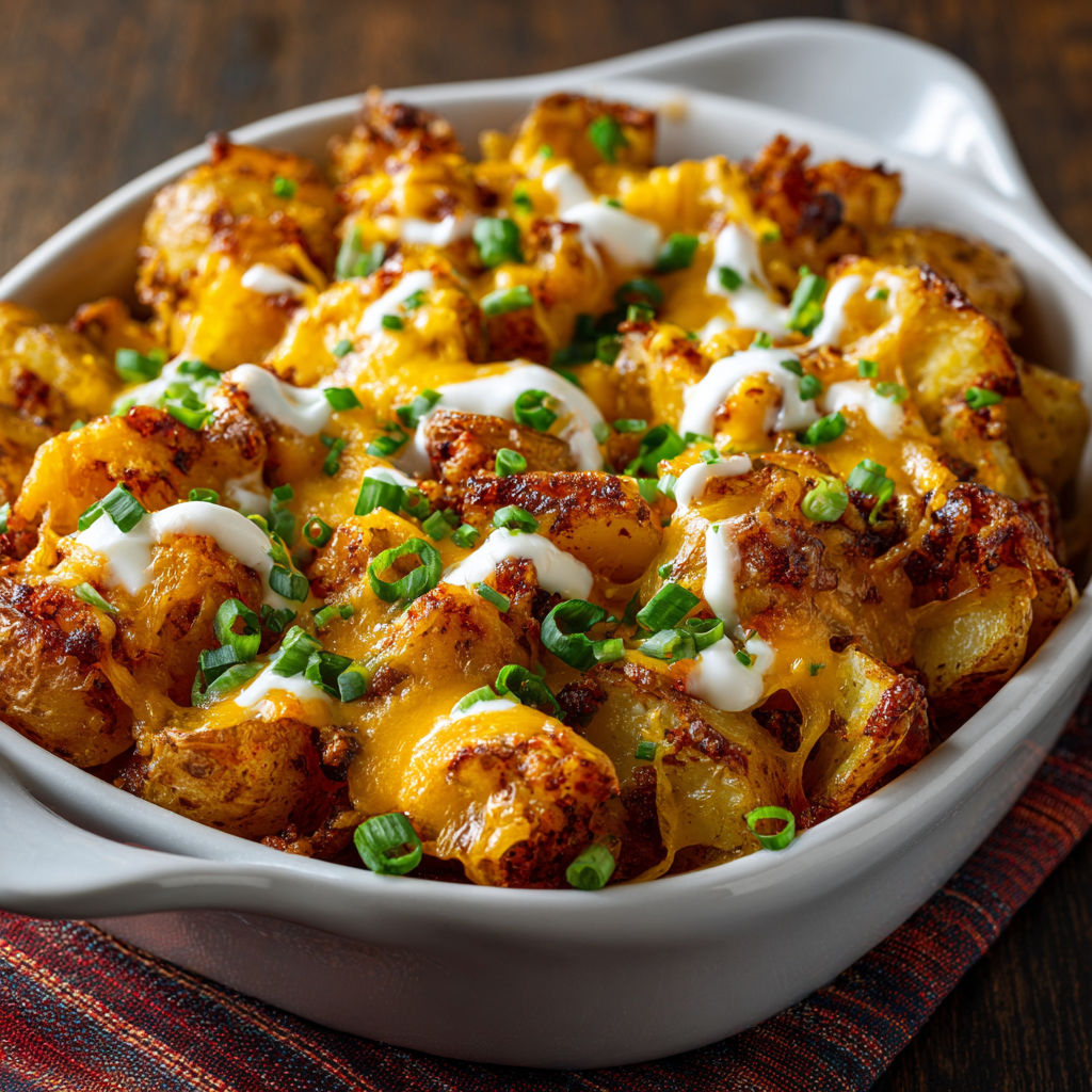 A white bowl filled with a delicious cheese and potato dish.