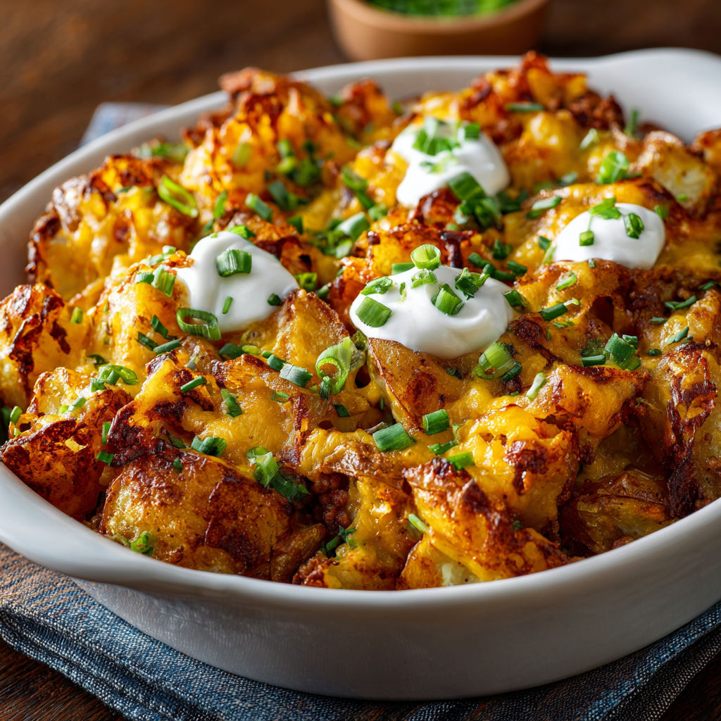 A delicious looking casserole dish filled with cheesy potatoes and green onions.