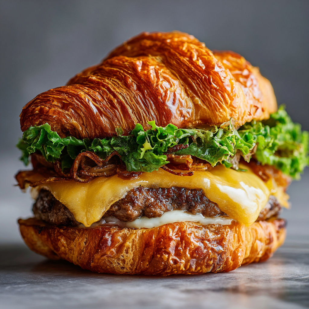 A delicious croissant smash burger with lettuce and cheese, ready to be enjoyed.