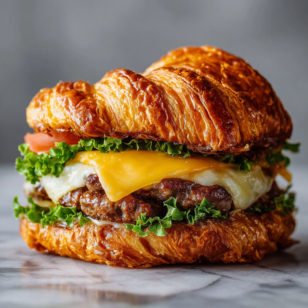 A delicious croissant sandwich with meat, cheese, and vegetables.
