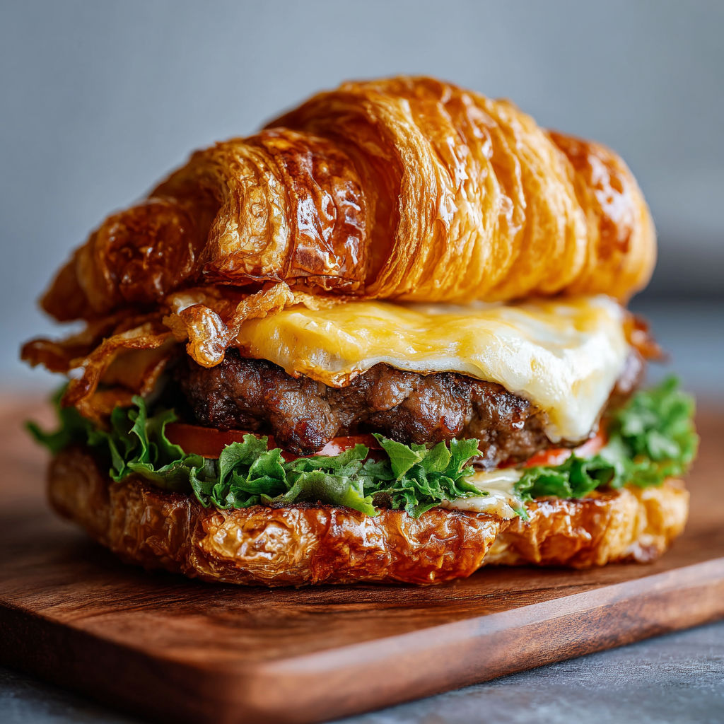 A delicious bacon cheeseburger with a croissant bun, served on a wooden cutting board.